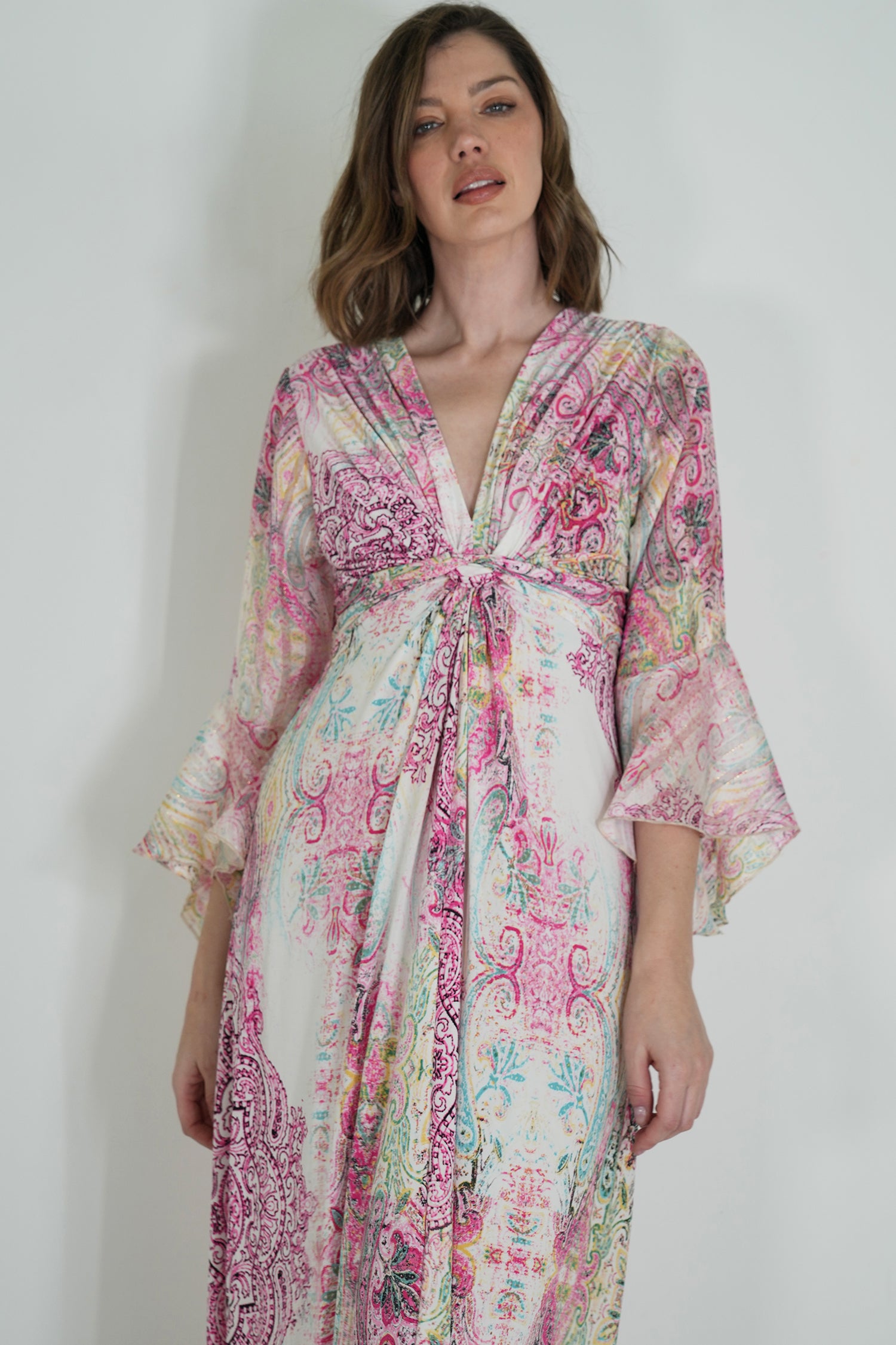 Pink Paisley Knot Dress With Sleeves
