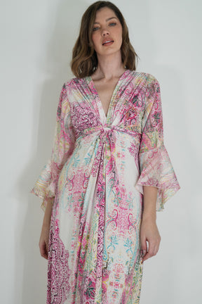 Pink Paisley Knot Dress With Sleeves