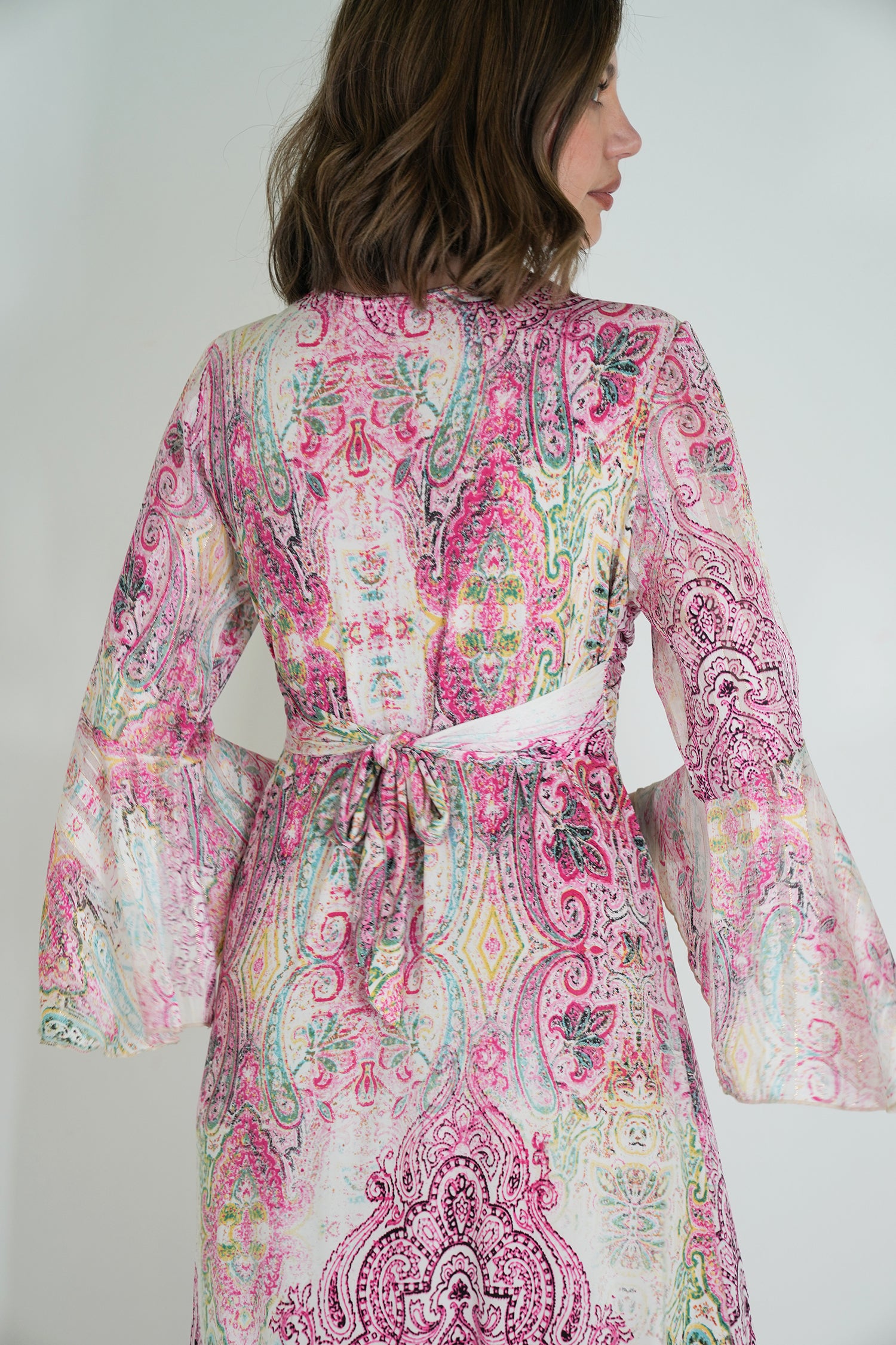 Pink Paisley Knot Dress With Sleeves