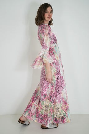 Pink Paisley Knot Dress With Sleeves