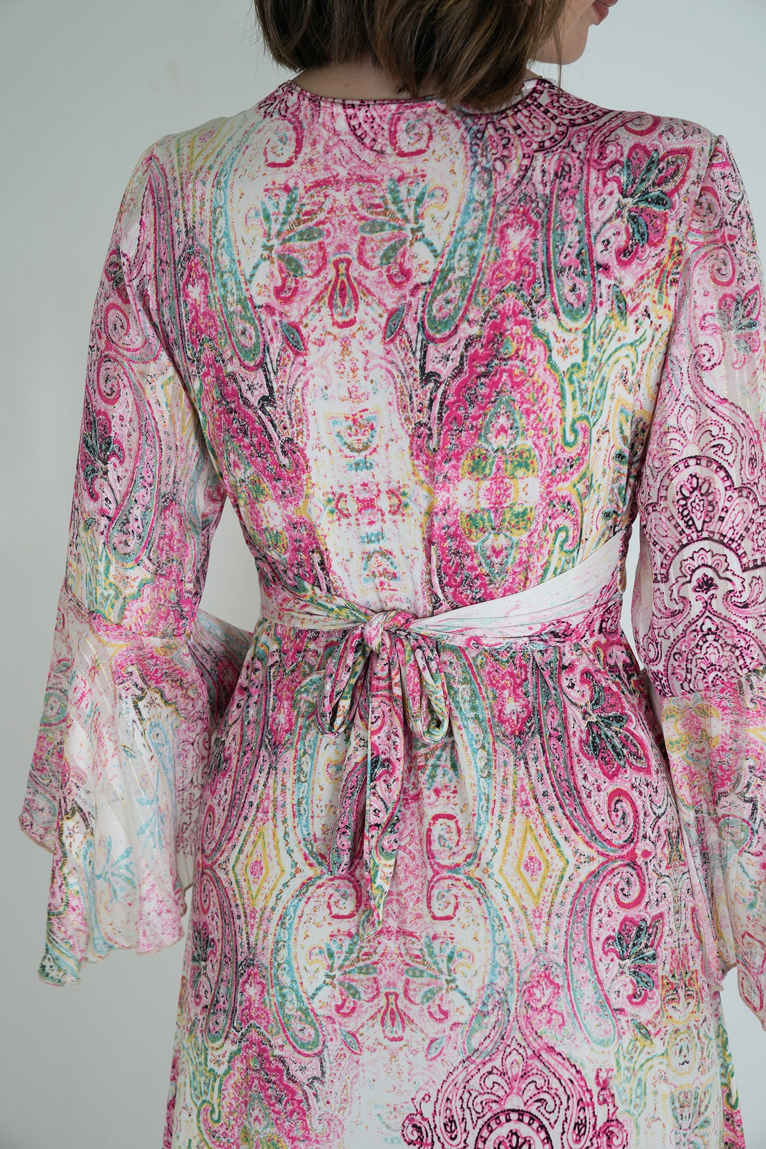 Pink Paisley Knot Dress With Sleeves