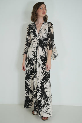 Monochrome Leaf Print Knot Dress With Sleeves