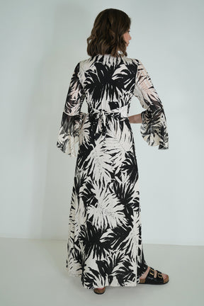 Monochrome Leaf Print Knot Dress With Sleeves