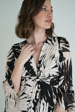 Monochrome Leaf Print Knot Dress With Sleeves