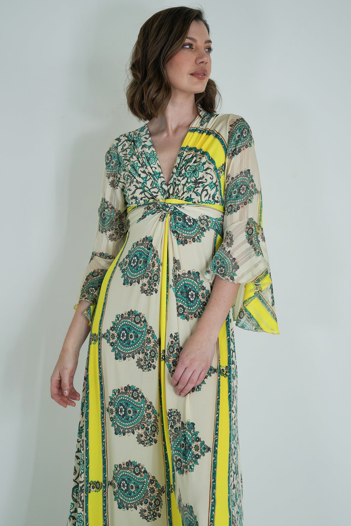 Green and Yellow Knot Dress With Sleeves