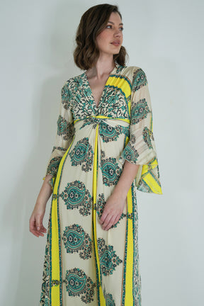 Green and Yellow Knot Dress With Sleeves