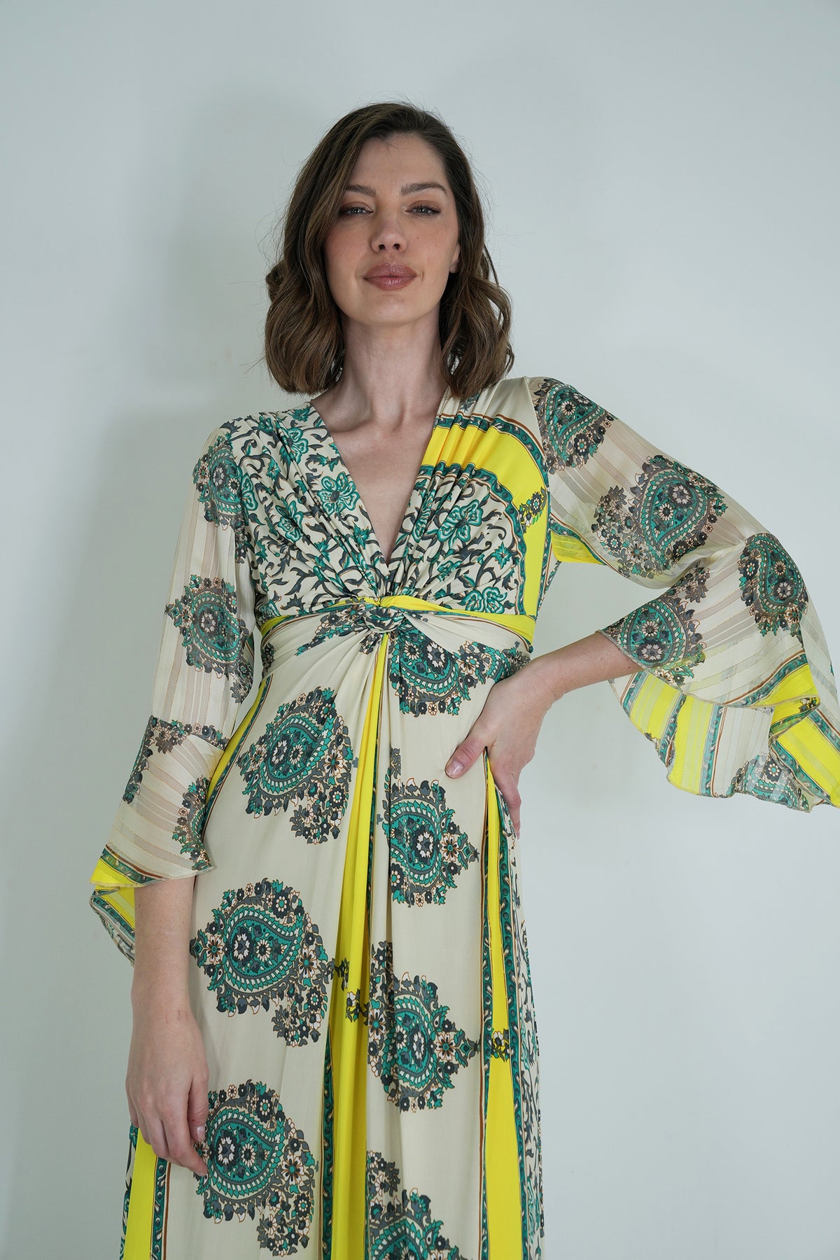 Green and Yellow Knot Dress With Sleeves
