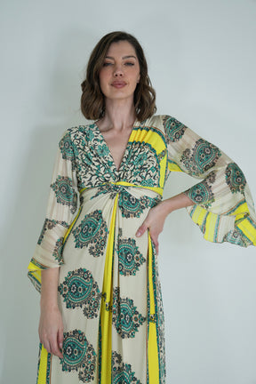 Green and Yellow Knot Dress With Sleeves
