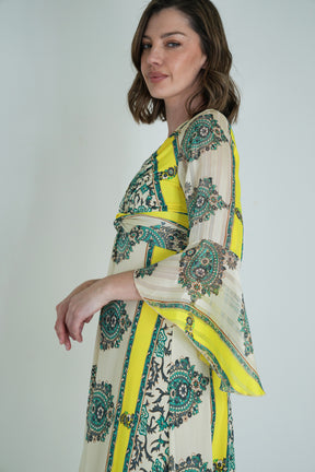 Green and Yellow Knot Dress With Sleeves