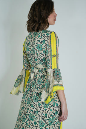 Green and Yellow Knot Dress With Sleeves
