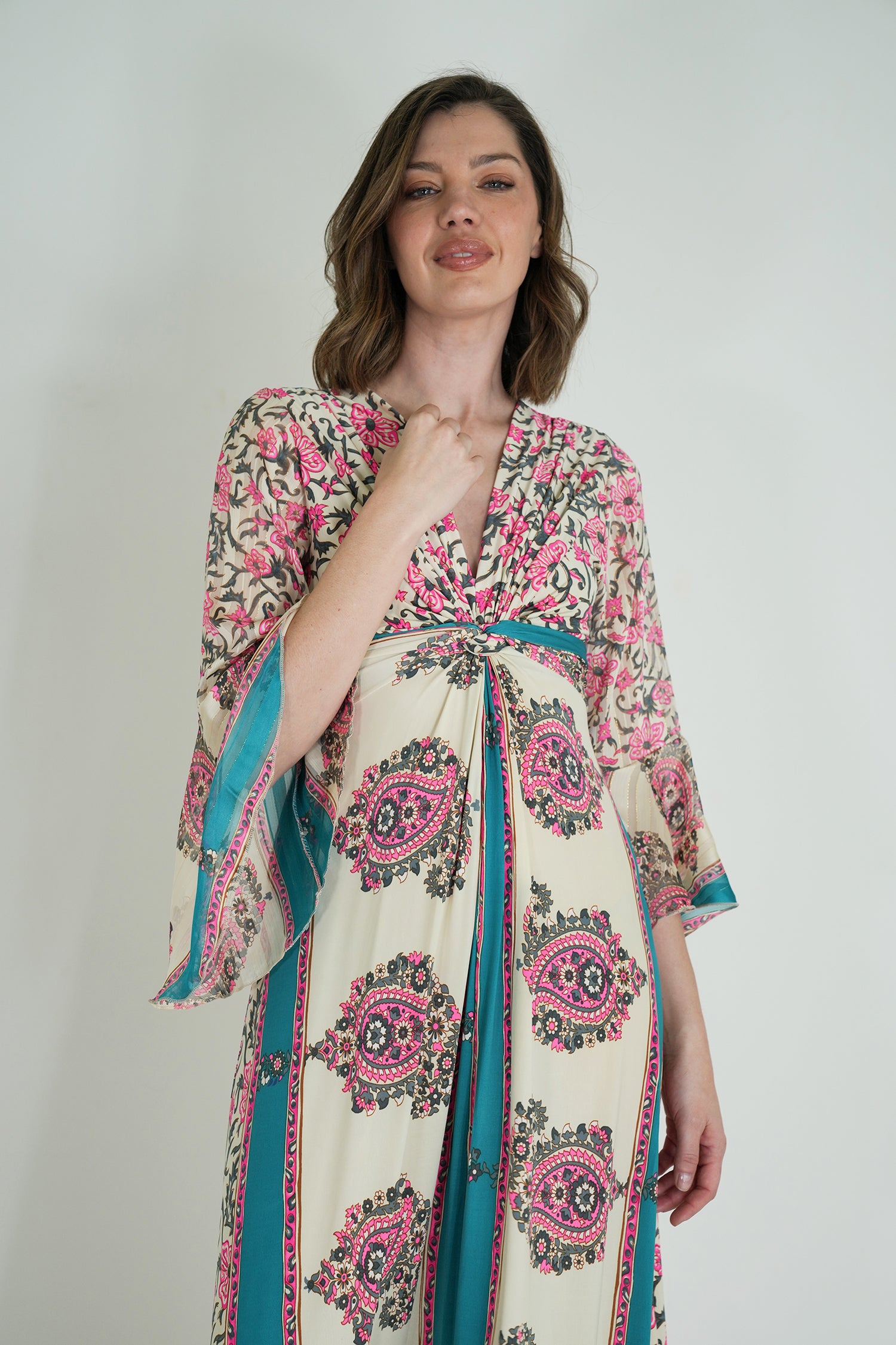 Pink and Turquoise Knot Dress With Sleeves