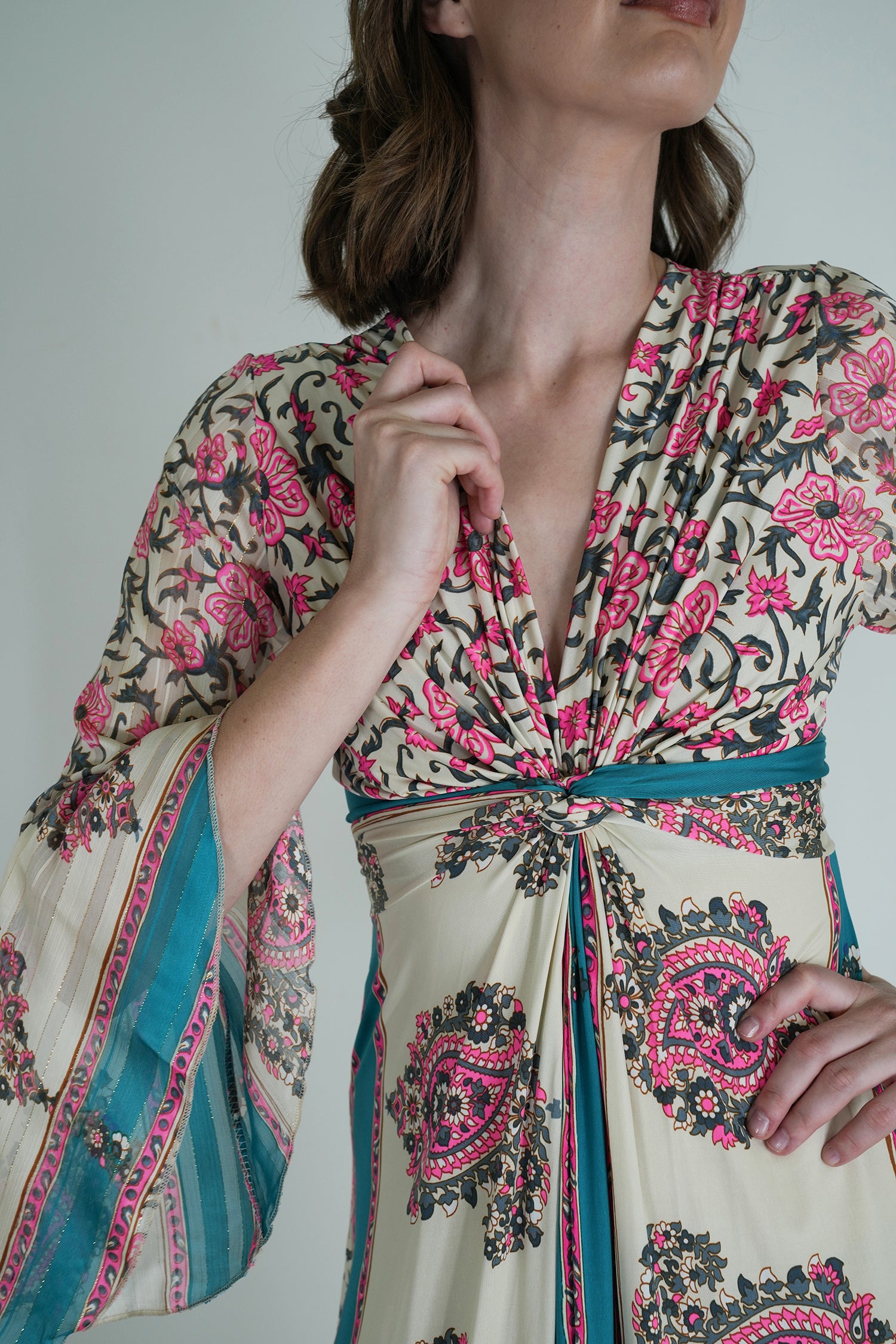 Pink and Turquoise Knot Dress With Sleeves