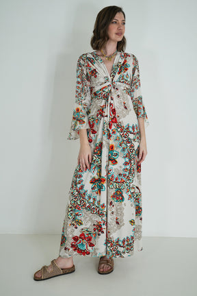 Cream Floral Knot Dress With Sleeves