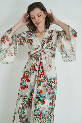 Cream Floral Knot Dress With Sleeves