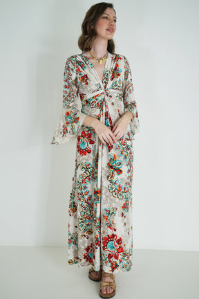 Cream Floral Knot Dress With Sleeves
