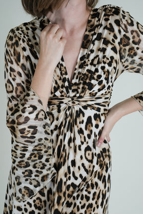 Leopard Print Knot Dress With Sleeves