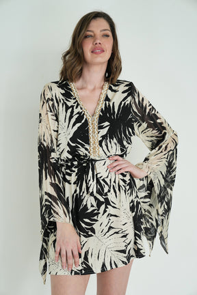Monochrome Leaf Print St Tropez Tunic Dress