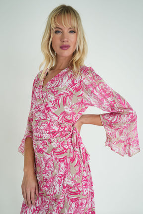 Taupe and Pink Floral Eliza Wrap Dress
