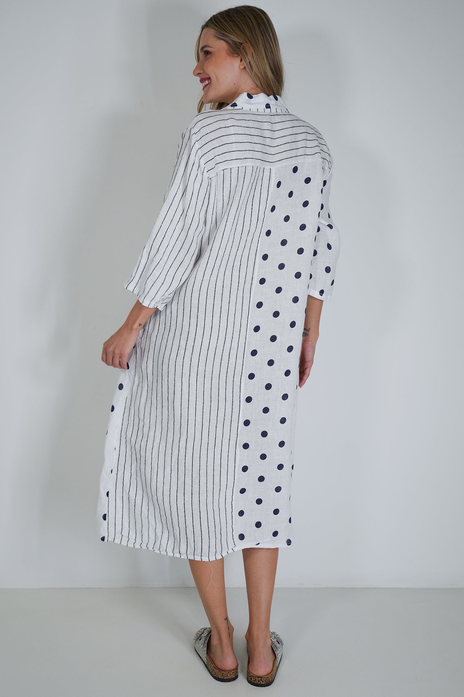 White Ink Spot Stripe Linen Dress