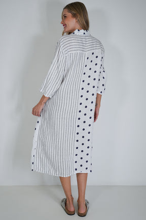 White Ink Spot Stripe Linen Dress
