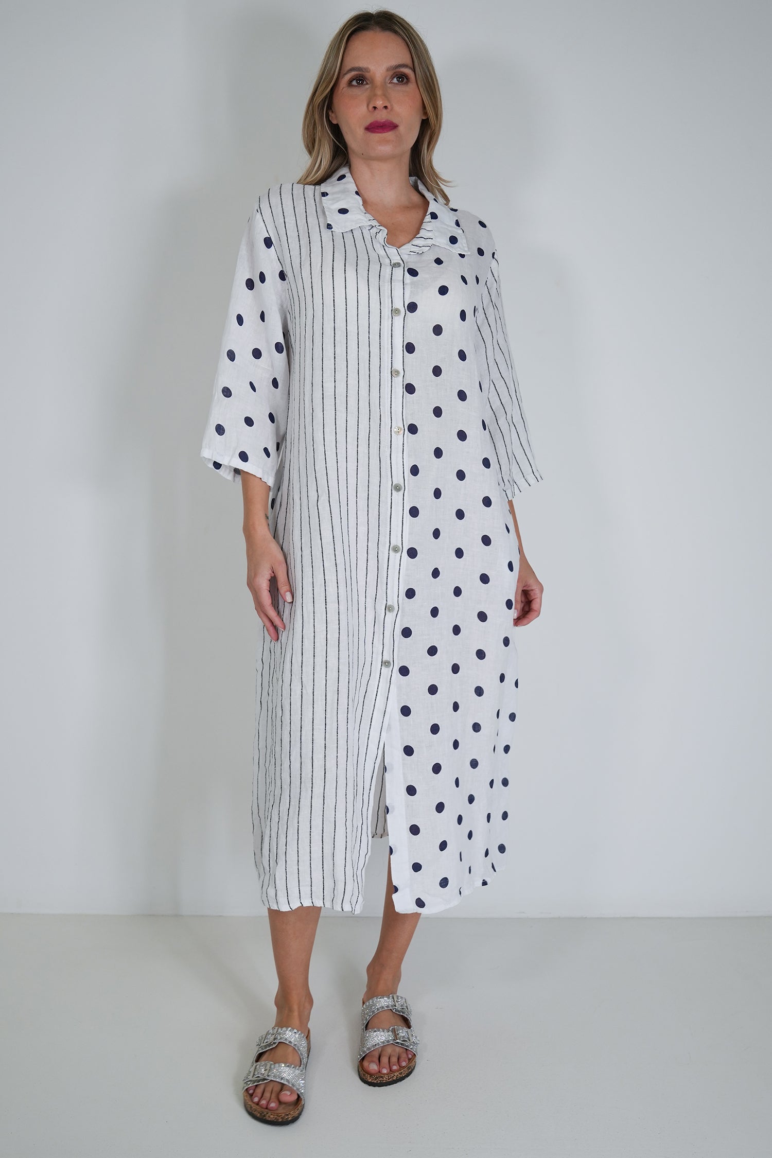 White Ink Spot Stripe Linen Dress