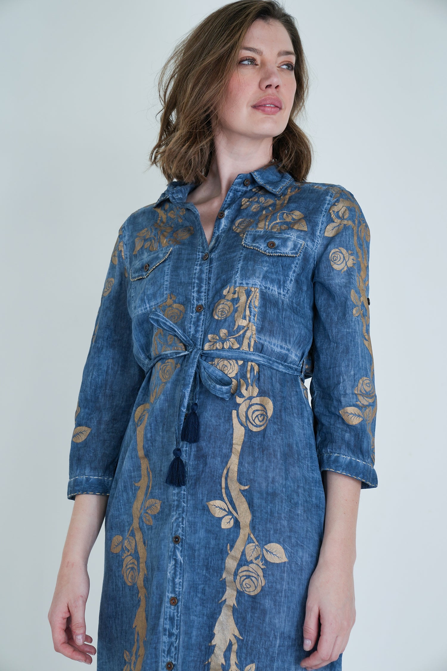 Denim Gold Print Shirt Dress