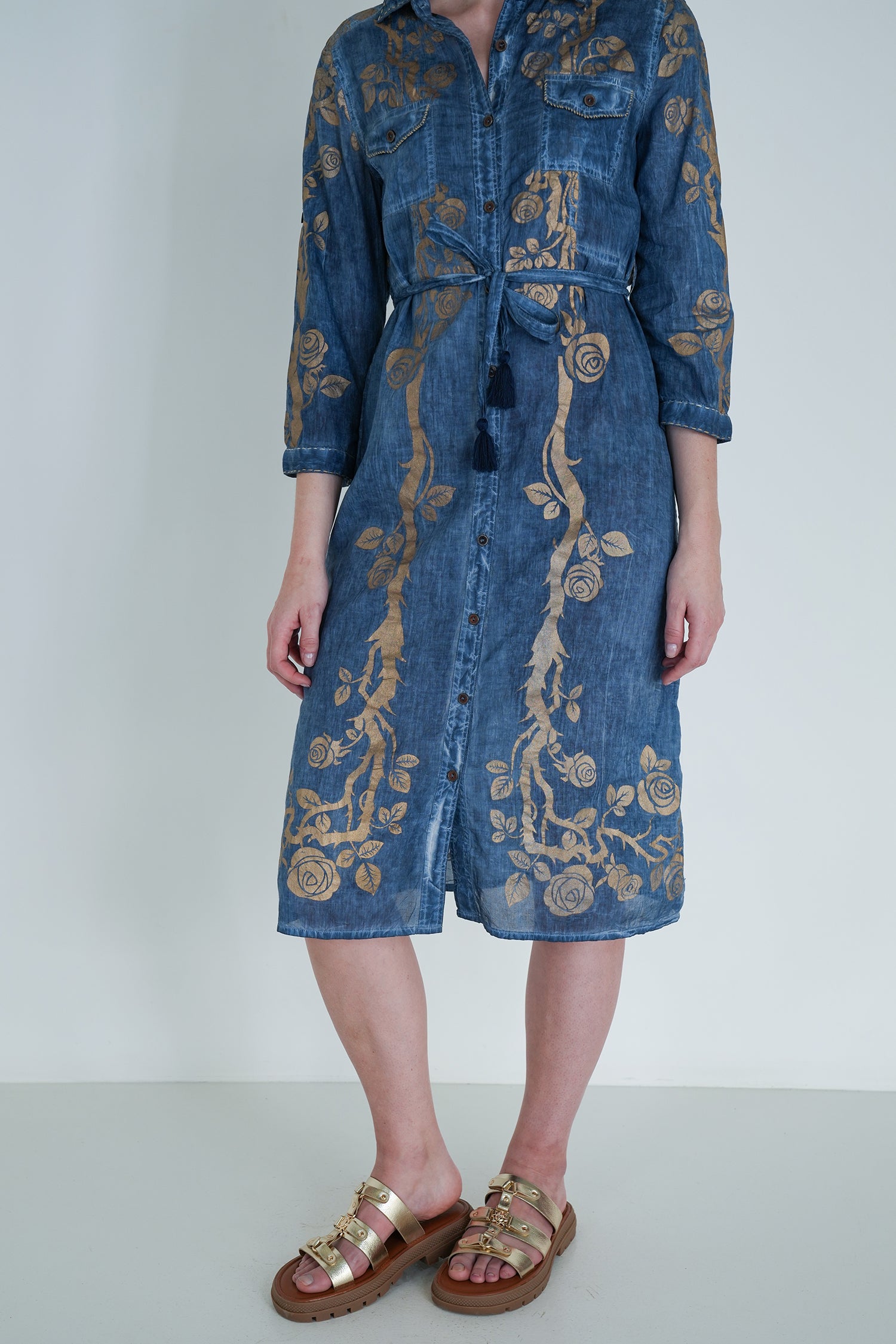 Denim Gold Print Shirt Dress