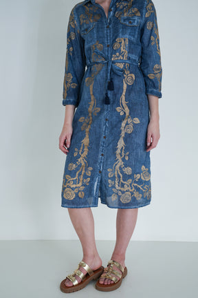 Denim Gold Print Shirt Dress