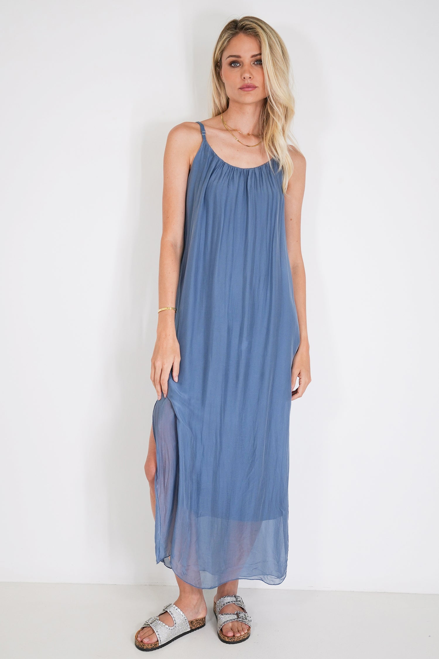 Blue Silk Strap Dress