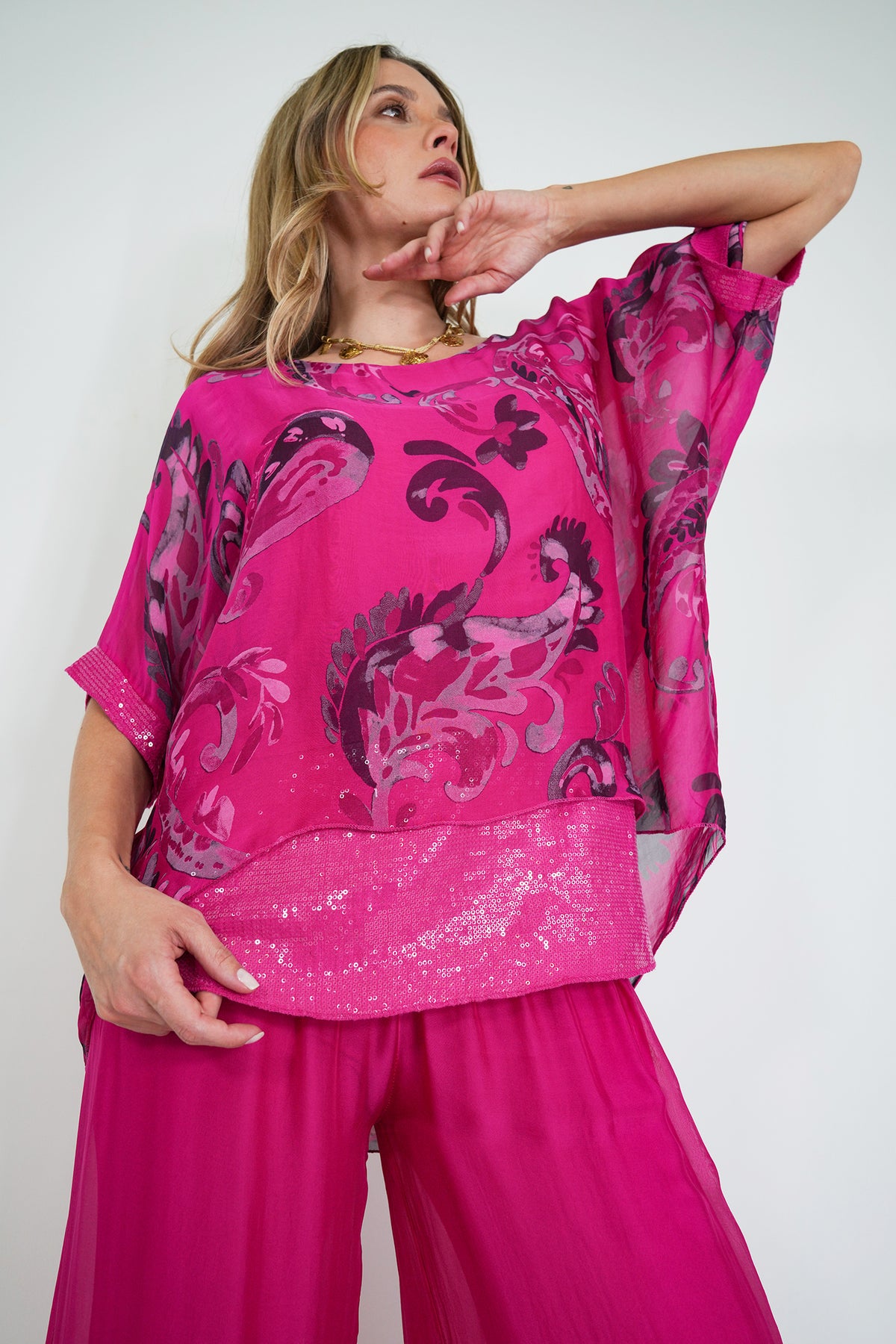 Cerise Jody Sequin Silk Poncho