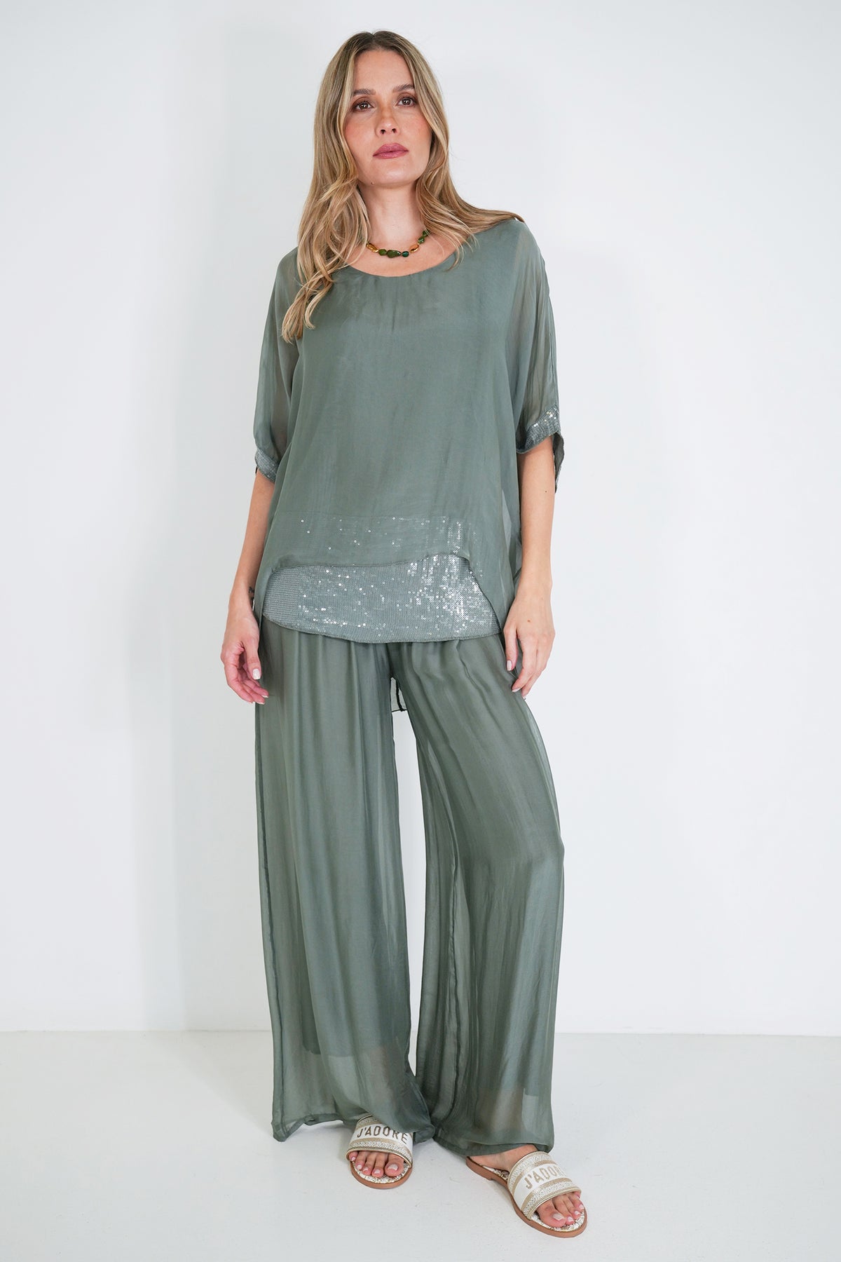 Olive Sequin Silk Poncho