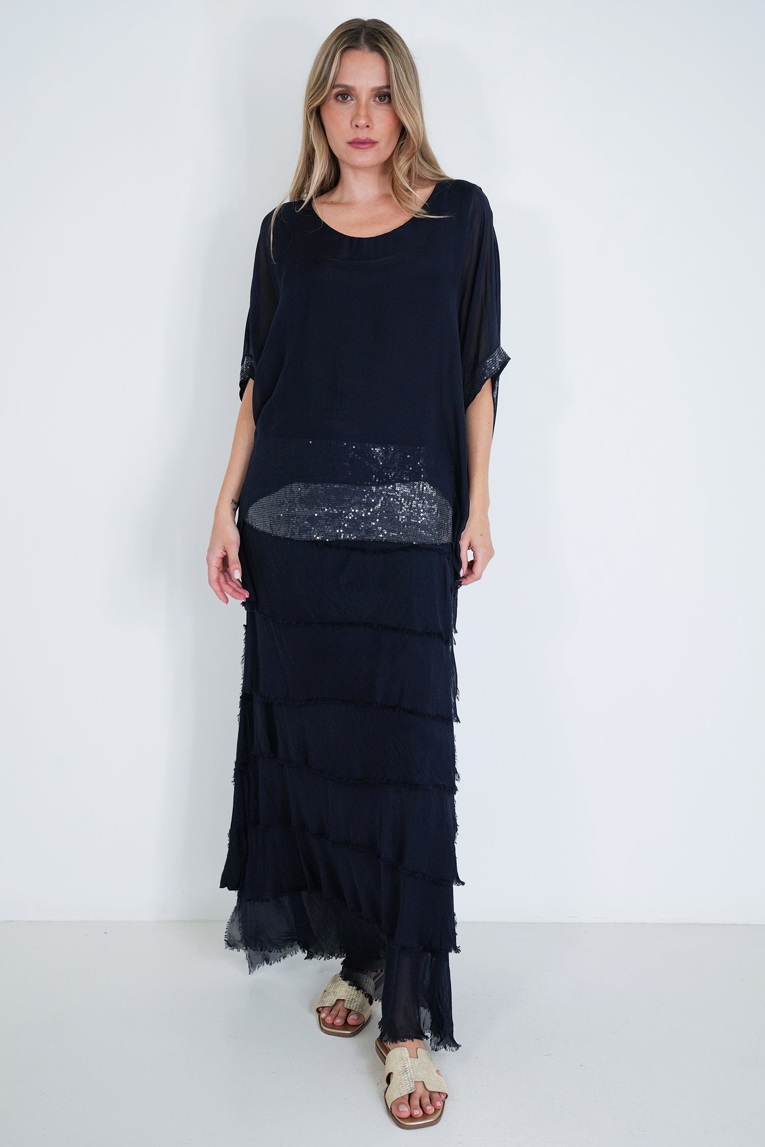 Ink Sequin Silk Poncho