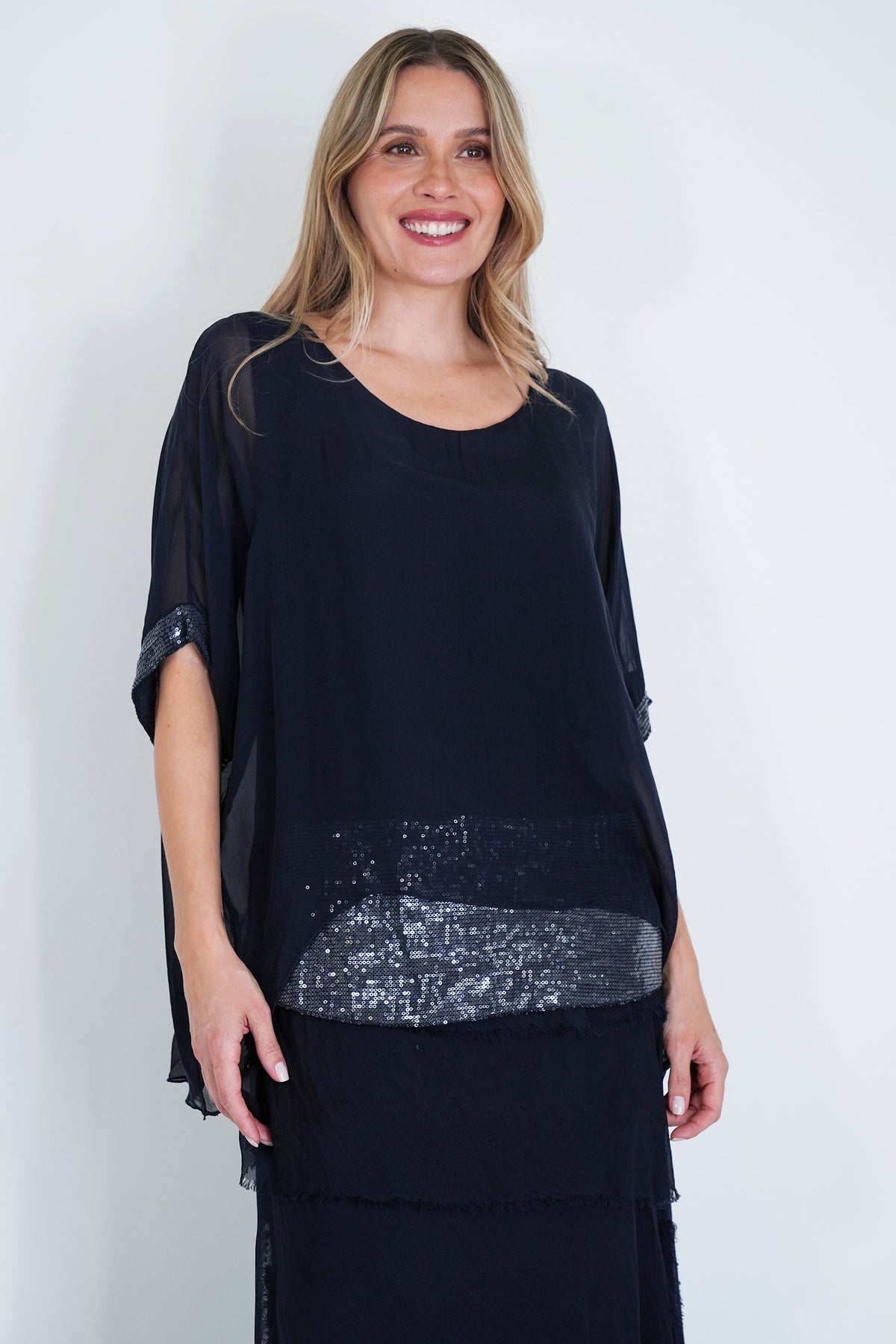 Ink Sequin Silk Poncho