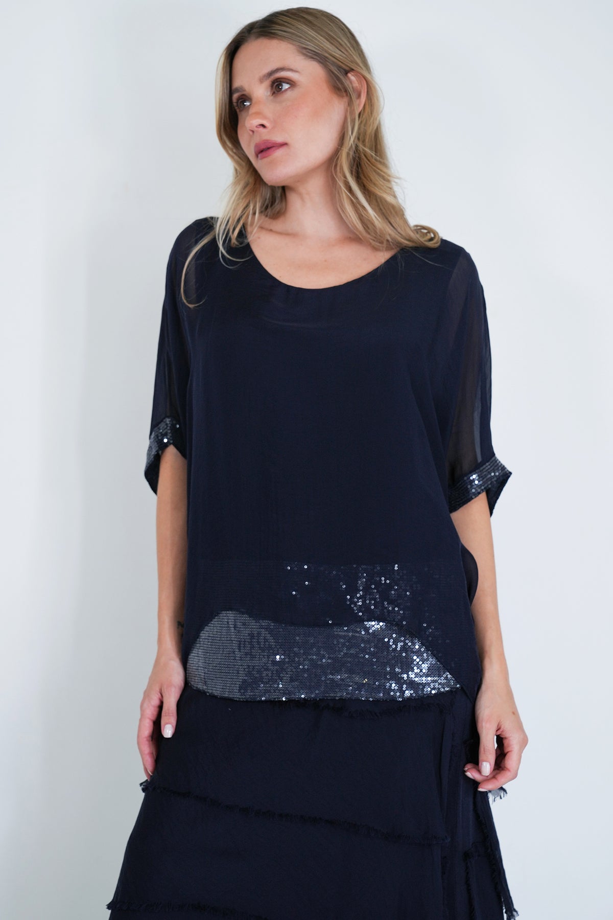 Ink Sequin Silk Poncho