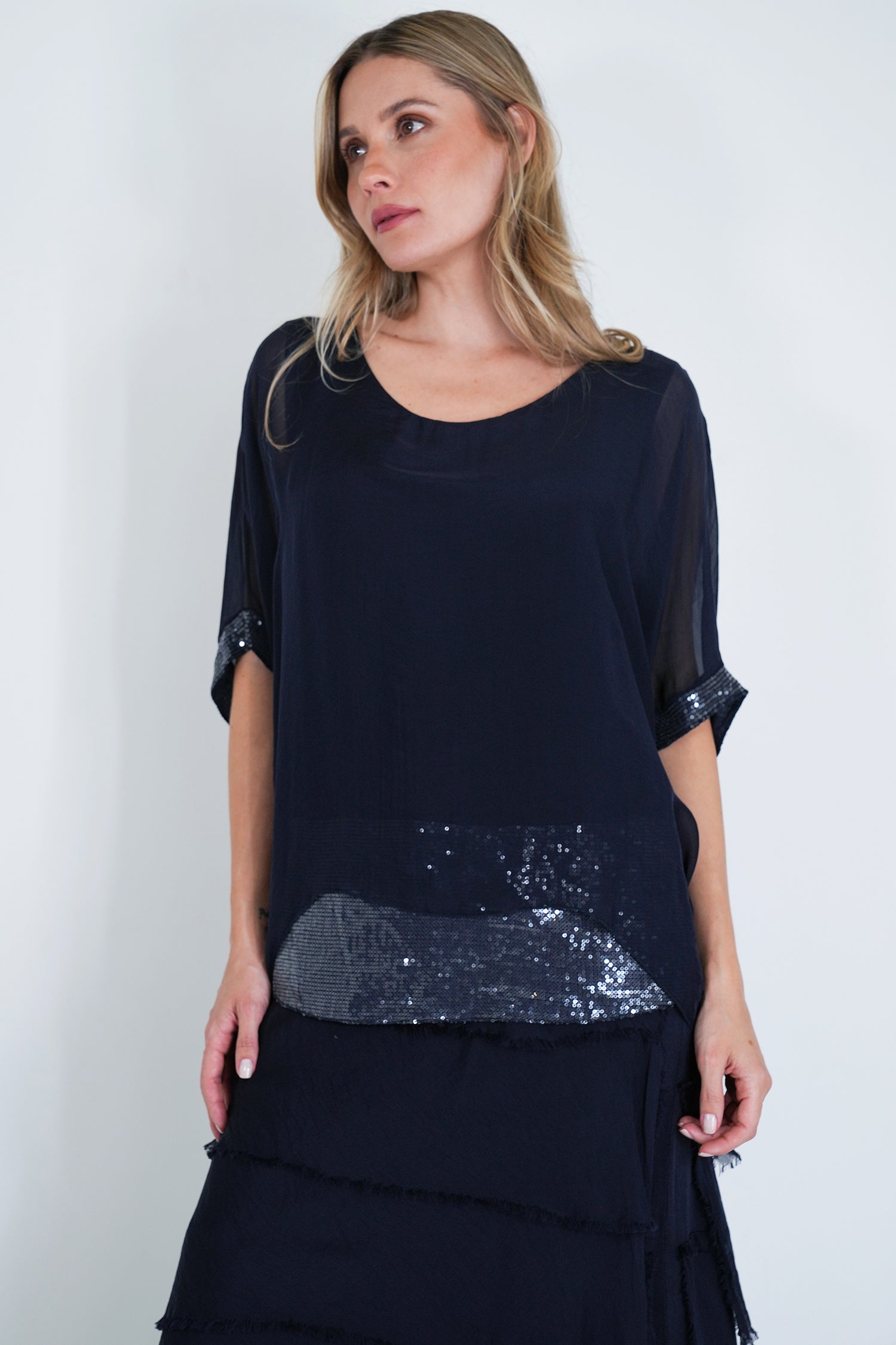 Ink Sequin Silk Poncho