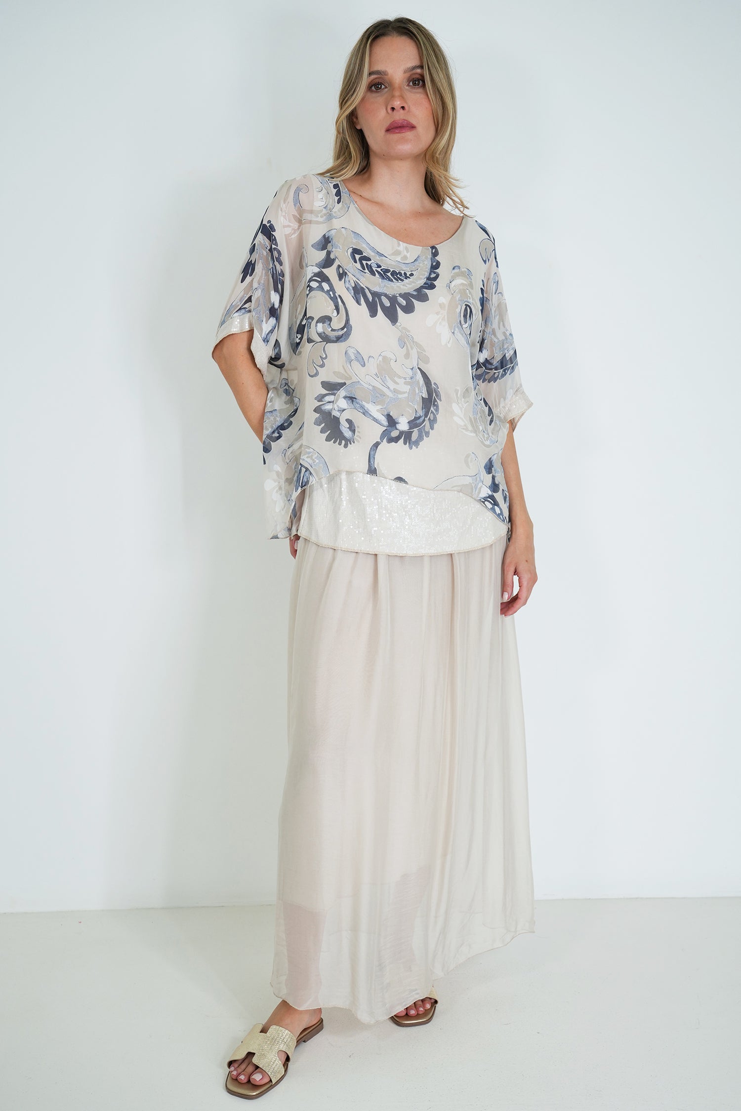 Cream Jody Sequin Silk Poncho