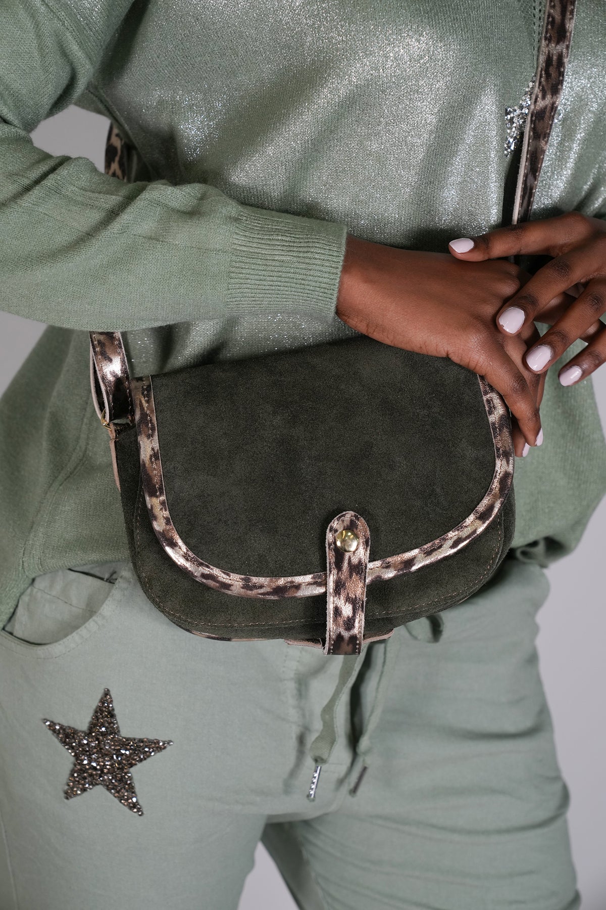 Khakhi Suede Leopard Trim Bag