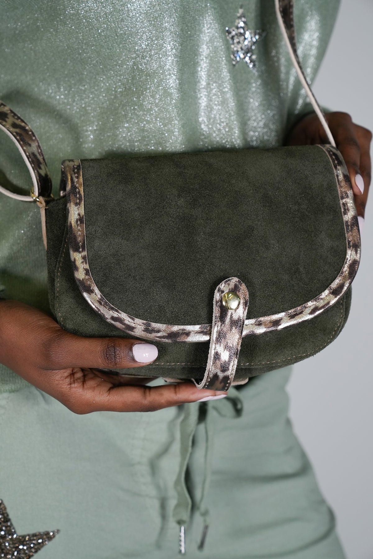 Khakhi Suede Leopard Trim Bag