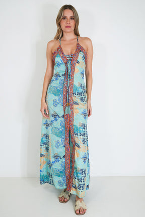 Turquoise And Yellow Mirror Halter Dress