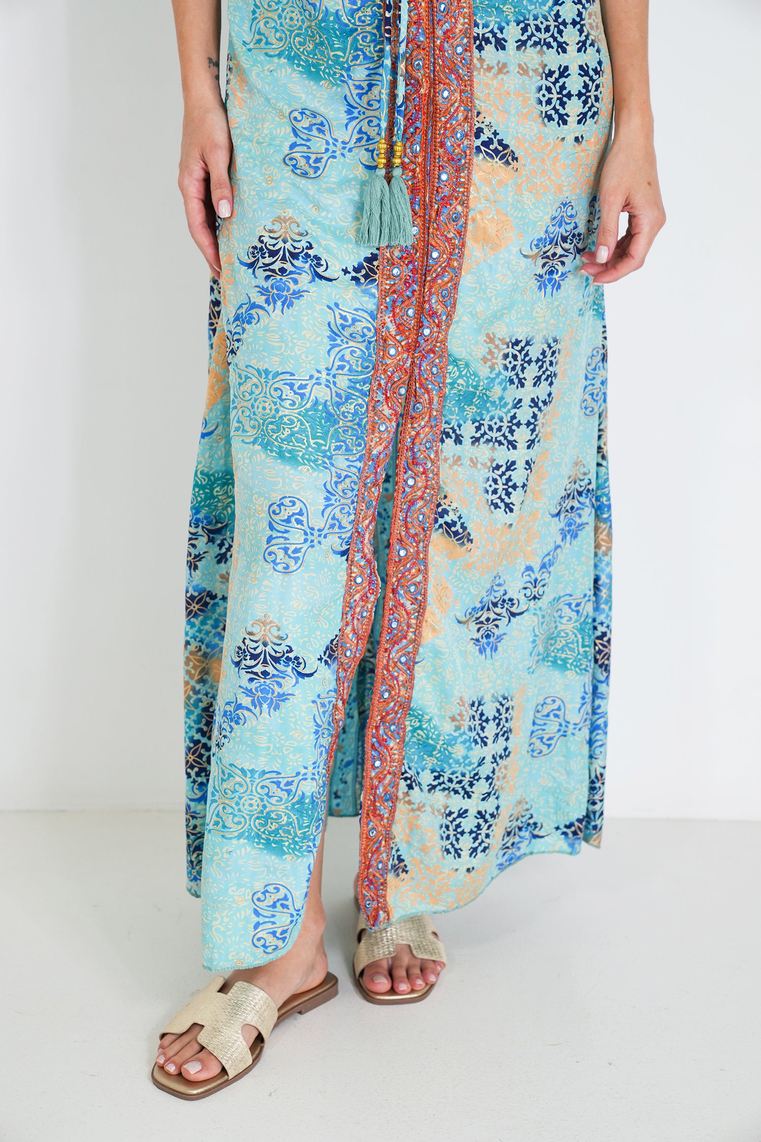 Turquoise And Yellow Mirror Halter Dress