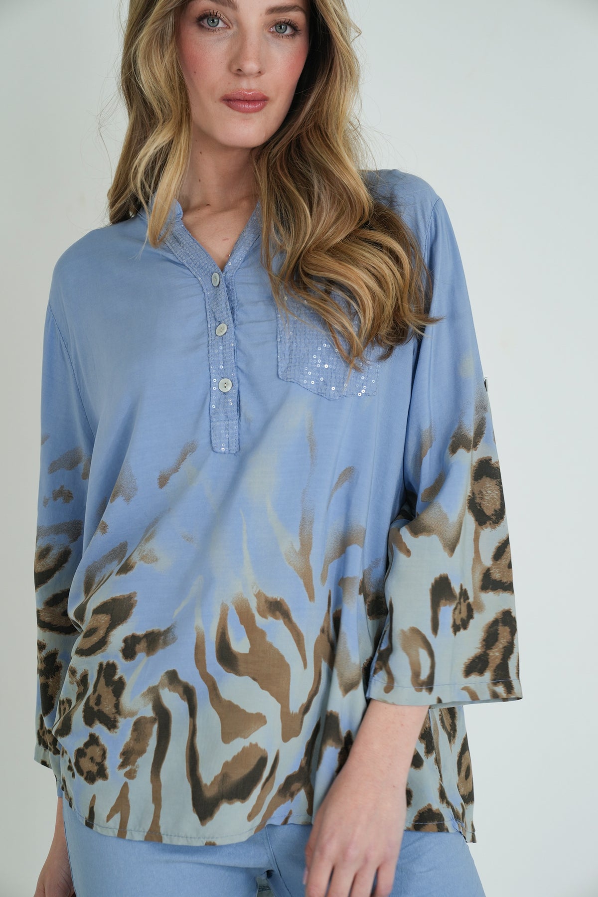 Blue Leopard Hem Shirt