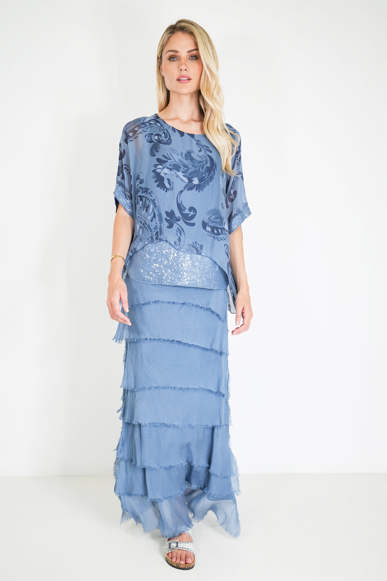 Blue Jody Sequin Silk Poncho