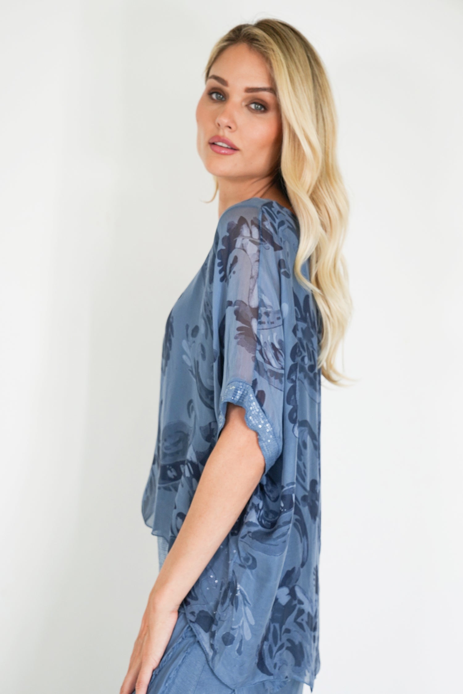 Blue Jody Sequin Silk Poncho