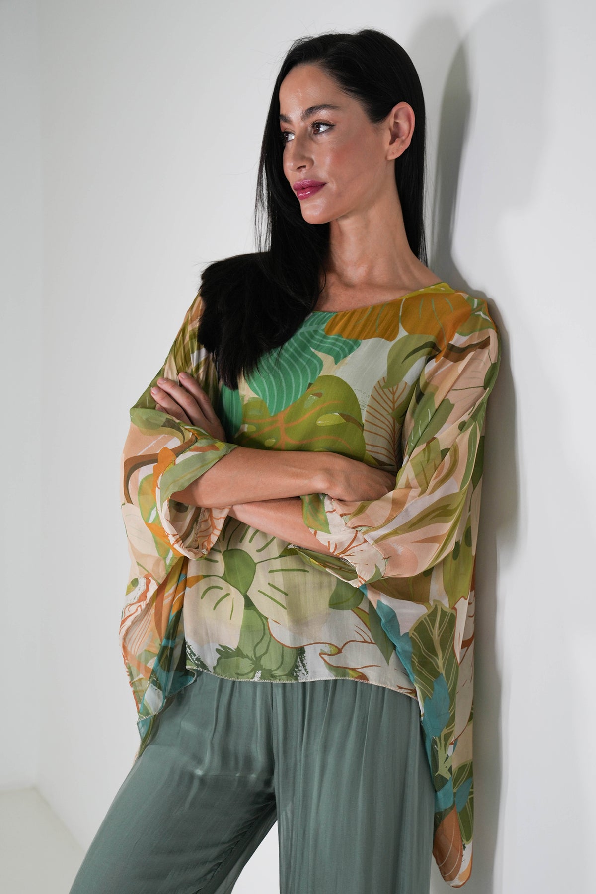 Green Tropical Silk Poncho