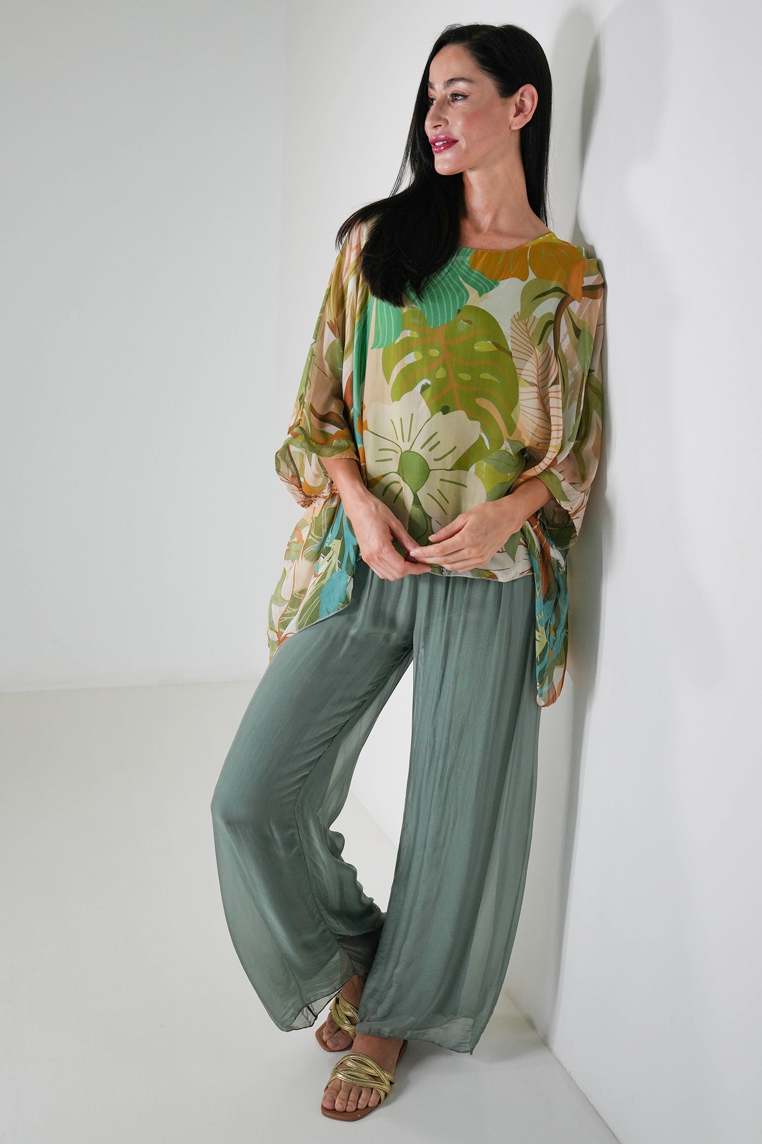 Green Tropical Silk Poncho