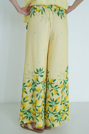 Yellow pants with lemon print worn by a person on a white background