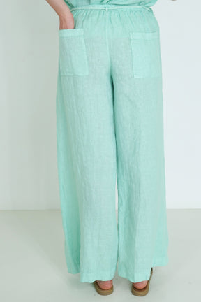 Person wearing light green wide-leg pants on a white background