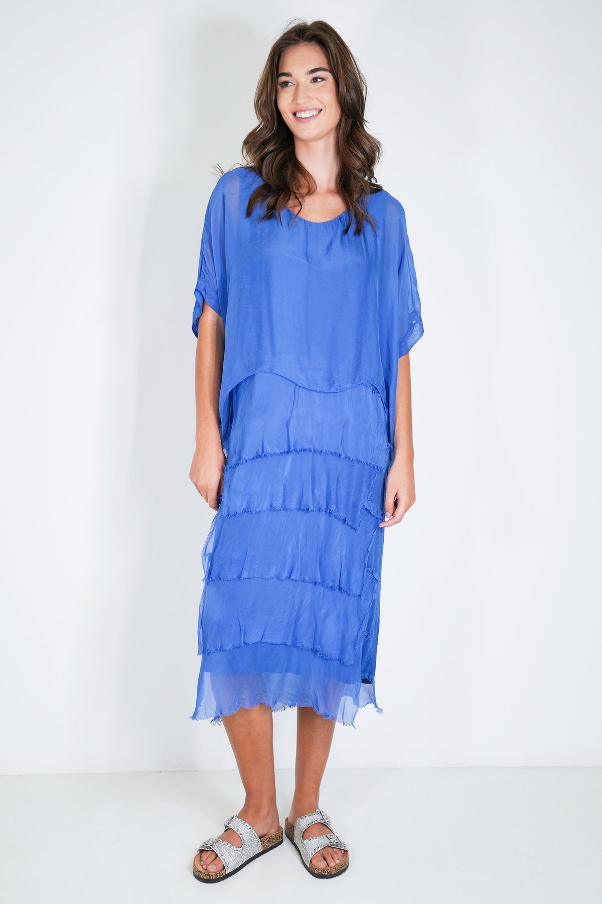 Cobalt Overlay Tier Silk Dress