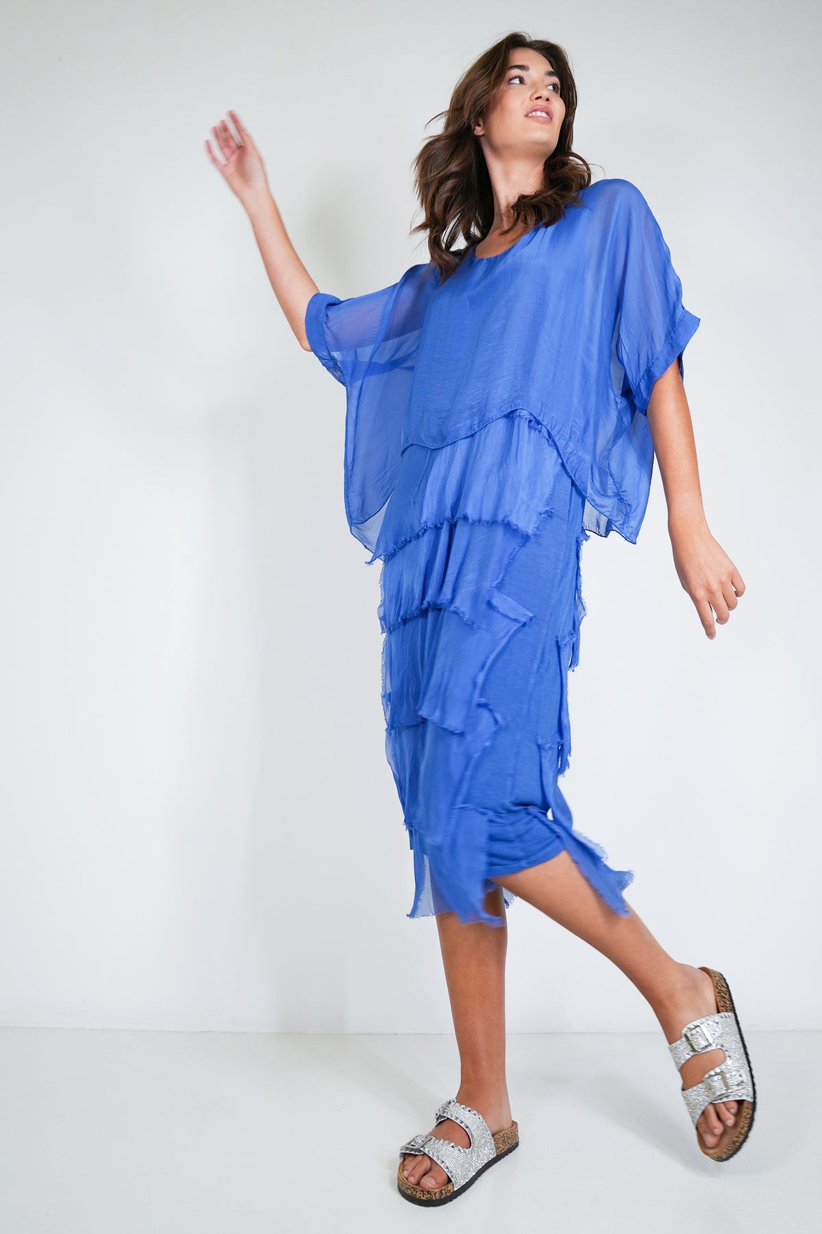 Cobalt Overlay Tier Silk Dress