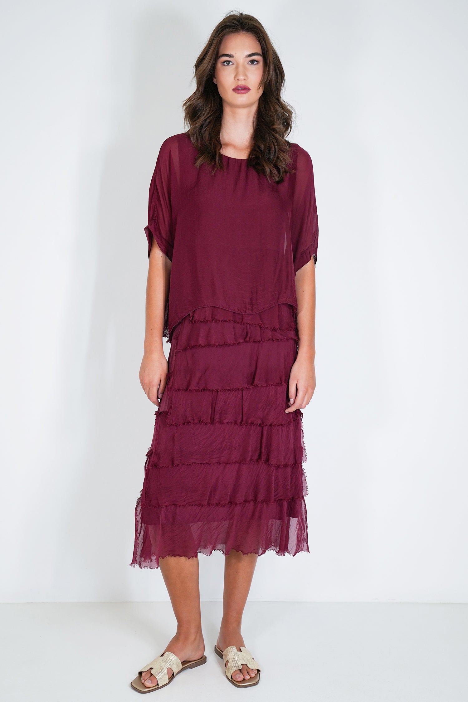 Burgundy Overlay Tier Silk Dress